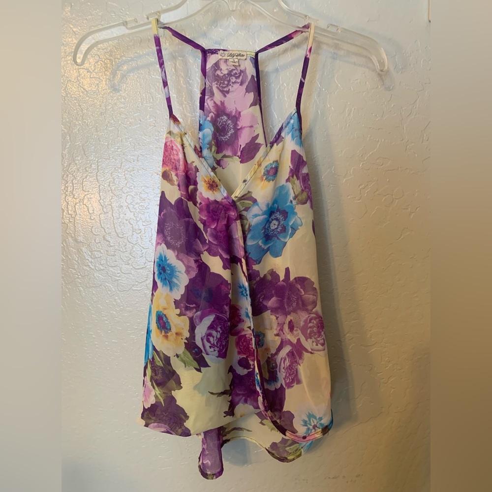 Lilly White Floral Sheer-ish flowery tank top, Size Small